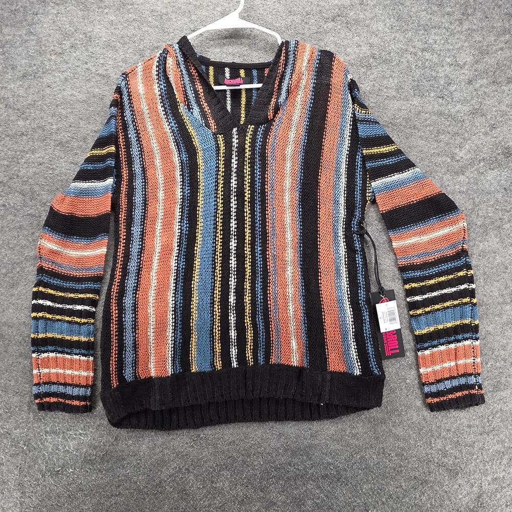 Rock & Roll Denim Sweater Womens Medium Multicolor Boho Stripe Knit Hoodie Rust